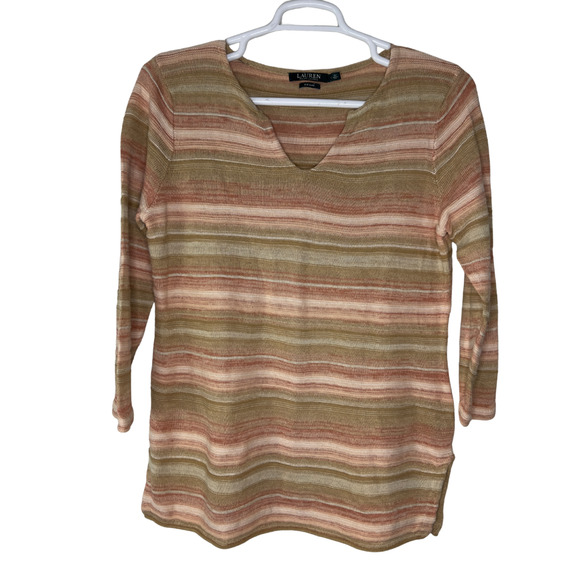 Lauren Ralph Lauren Sweater Womens Large Multicolor Stripe Linen Cotton V Neck - Picture 1 of 5